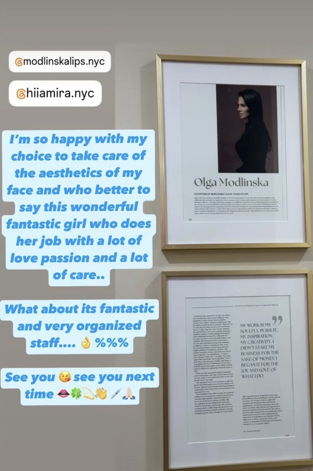 Patient testimonial and framed press features at notJUSTLIPS New York