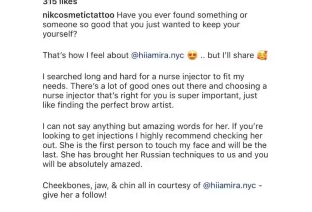 Instagram comment recommending Olga Modlinska as a nurse injector