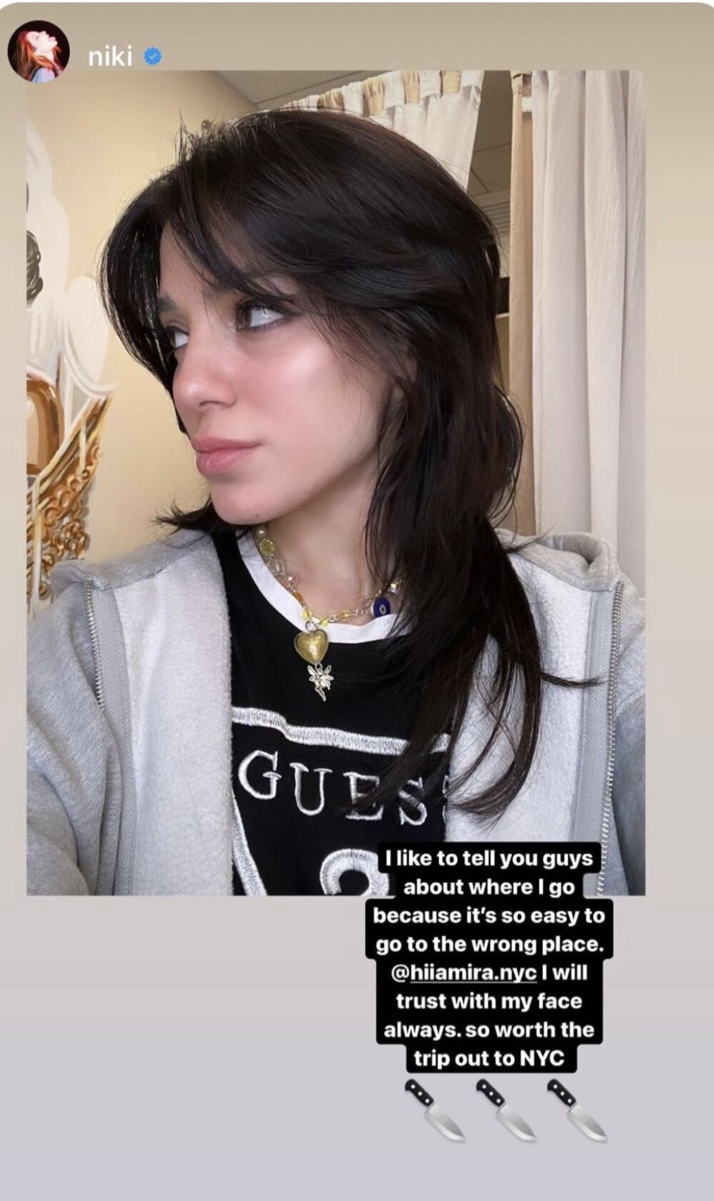 Instagram story from Niki, verified singer: I will trust her with my face always, so worth the trip to NYC